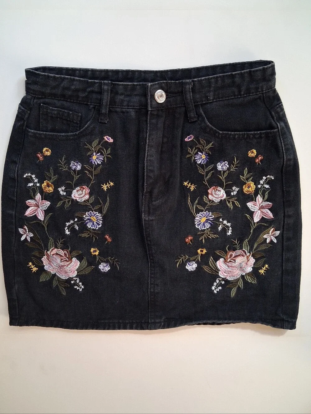 Black Denim Floral Embriodered Skirt